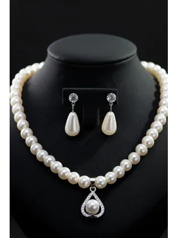 Kadın İnci Kolye Küpe Set - Victoria Model Çiçek Motifli Kadın İnci Set