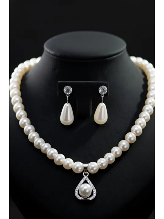 Kadın İnci Kolye Küpe Set - Victoria Model Çiçek Motifli Kadın İnci Set