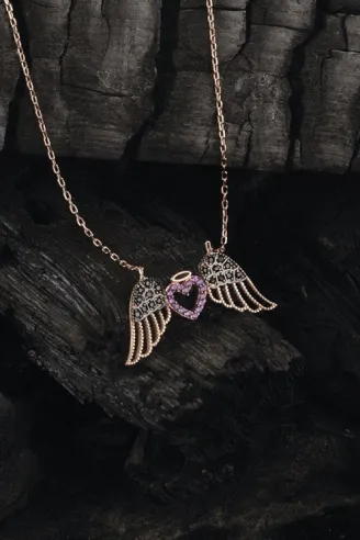 Rose Melek Kanatlı Siyah Ve Pembe Zirkon Taşlı 925 Ayar Gümüş Kadın Kolye GKLMLKKNTLI-ALT