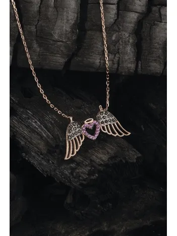 Rose Melek Kanatlı Siyah Ve Pembe Zirkon Taşlı 925 Ayar Gümüş Kadın Kolye GKLMLKKNTLI-ALT