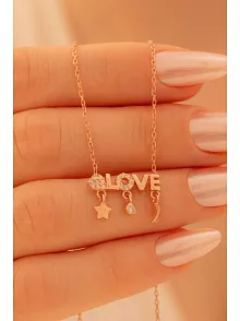 Kadın Gümüş Kolye - Sevgililer Günü - Hediye - Rose Kaplama Love Yazılı Kalp Motifli Kadın Kolye