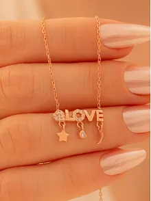 Kadın Gümüş Kolye - Sevgililer Günü - Hediye - Rose Kaplama Love Yazılı Kalp Motifli Kadın Kolye