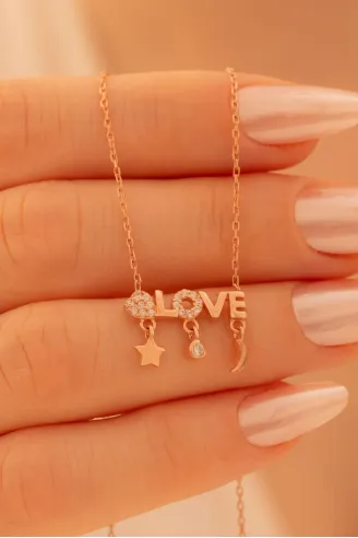 Kadın Gümüş Kolye - Sevgililer Günü - Hediye - Rose Kaplama Love Yazılı Kalp Motifli Kadın Kolye