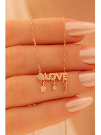 Kadın Gümüş Kolye - Sevgililer Günü - Hediye - Rose Kaplama Love Yazılı Kalp Motifli Kadın Kolye