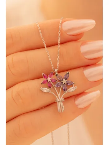 Kadın Gümüş Kolye - Sevgililer Günü - Hediye - Zirkon Taşlı Çiçek Buketi Motifli Kadın Kolye