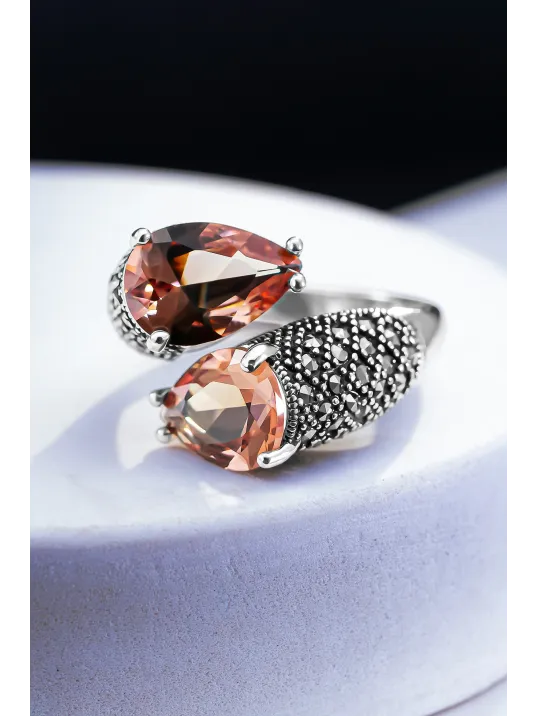 Kadın Gümüş Yüzük - Çift Damla Model Zultanit Taşlı Ayarlanabilir Kadın Yüzük