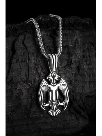 Erkek Gümüş Kolye - Tilki Kuyruk Zincirli Çift Başlı Selçuklu Kartalı Model Erkek Kolye