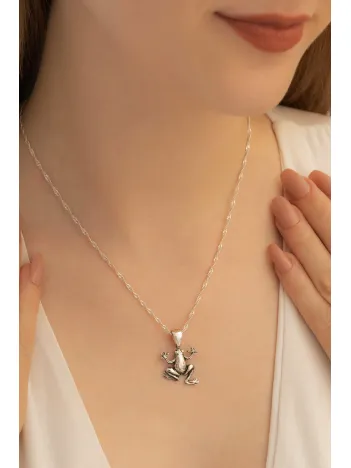 Kurbağa Figürlü Bayan Gümüş Kolye