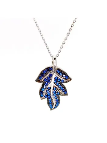 Sonbahar Yaprağı Mavi Taşlı Bayan Gümüş Kolye