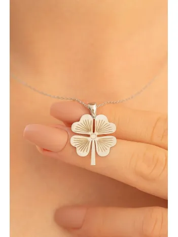 Kadın Gümüş Kolye - 4 Yapraklı Yonca Motifli Gümüş Kolye