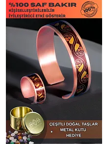 Kadın Bakır Bileklik Yüzük Set - Sonbahar Model Özel Baskı Metal Kutu Ve Kuvars Taşı