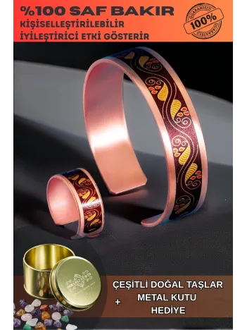 Kadın Bakır Bileklik Yüzük Set - Sonbahar Model Özel Baskı Metal Kutu Ve Kuvars Taşı