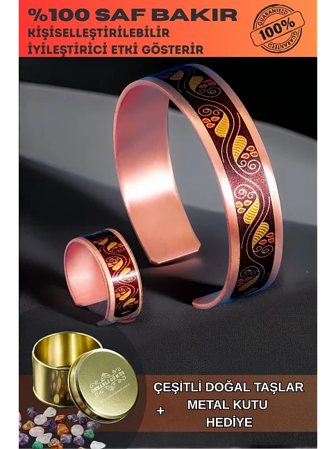 Kadın Bakır Bileklik Yüzük Set - Sonbahar Model Özel Baskı Metal Kutu Ve Kuvars Taşı