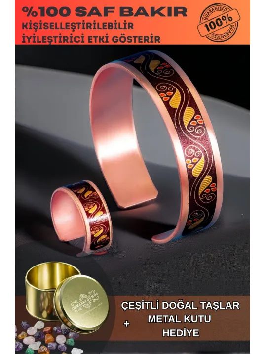 Kadın Bakır Bileklik Yüzük Set - Sonbahar Model Özel Baskı Metal Kutu Ve Kuvars Taşı Kadın Bakır Bileklik Yüzük Set - Sonbahar Model Özel Baskı Metal Kutu Ve Kuvars Taşı