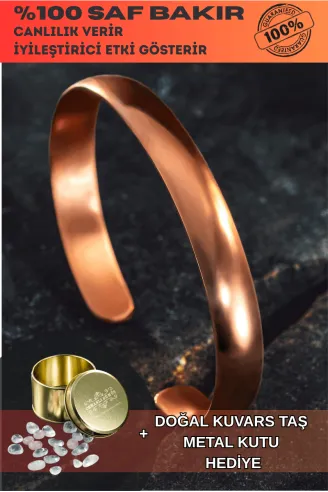 Erkek Kadın Bakır Bileklik - İsim Yazılabilir Düz Parlak Model Metal Kutu Kuvars