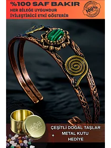 Kadın Bakır Bileklik - Yeşil Malahit (Malakit) Doğal Taşlı Otantik Model El İşçiliği Tasarım Bilezik
