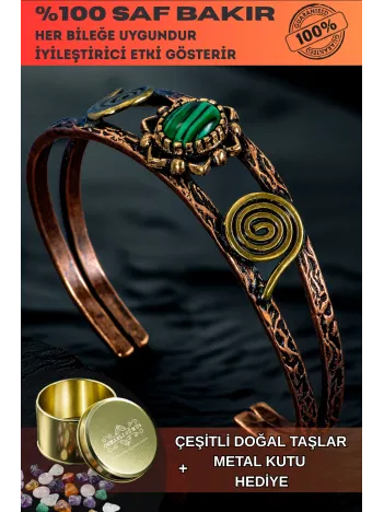 Kadın Bakır Bileklik - Yeşil Malahit (Malakit) Doğal Taşlı Otantik Model El İşçiliği Tasarım Bilezik
