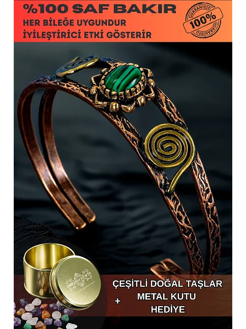 Kadın Bakır Bileklik - Yeşil Malahit (Malakit) Doğal Taşlı Otantik Model El İşçiliği Tasarım Bilezik