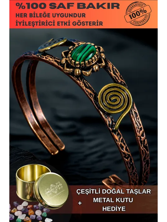 Kadın Bakır Bileklik - Yeşil Malahit (Malakit) Doğal Taşlı Otantik Model El İşçiliği Tasarım Bilezik