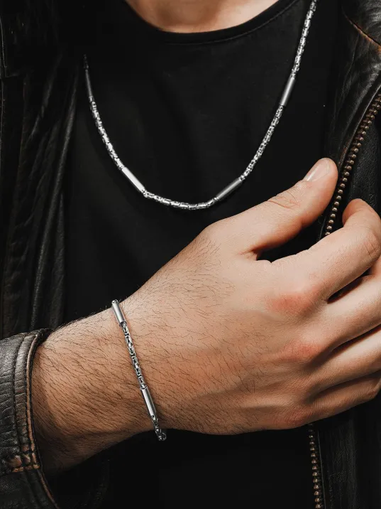 Erkek Gümüş Set - 2,8 mm Kalınlıkta Kral Model Parçalı Kral Erkek Kolye ve Bileklik Set