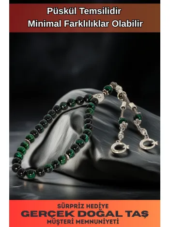 Erkek Doğal Taş Tespih - Doğal Haki Yeşili Kaplan Gözü Taşlı Ortaboy Tesbih