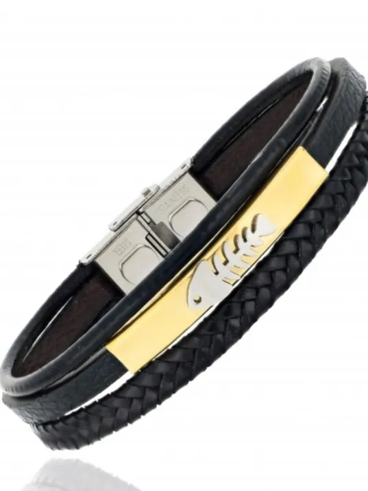 Erkek Deri Bileklik - Balık İskelet Motifli Çoklu Deri Çelik Plaka Örgü Model Deri Bileklik