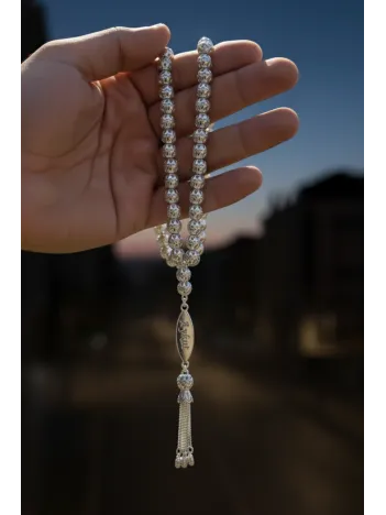 Erkek Gümüş Tespih -Çift Taraflı İsim Yazılabilir Delikli Parlak Küre Kesim Tesbih Bilek Boy