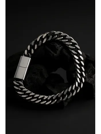 Erkek Çelik Bileklik - Yassı Gurmet Zincir Oksitli Model Siyah Renk Erkek Bileklik