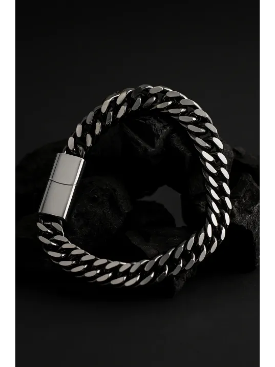 Erkek Çelik Bileklik - Yassı Gurmet Zincir Oksitli Model Siyah Renk Erkek Bileklik