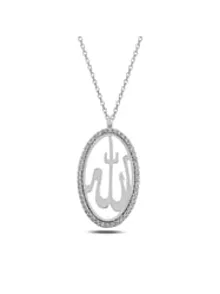 Gümüş Kolye - Allah Yazılı Oval Şekilli Şık İşleme Kadın Kolye