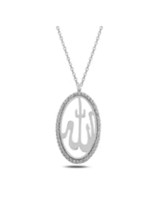Gümüş Kolye - Allah Yazılı Oval Şekilli Şık İşleme Kadın Kolye