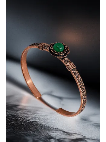 Kadın Bakır Bileklik Yüzük Set - Yeşil Akik Taşı Ağaç Kabuğu Model İnce Metal Kutu Kuvars Taş