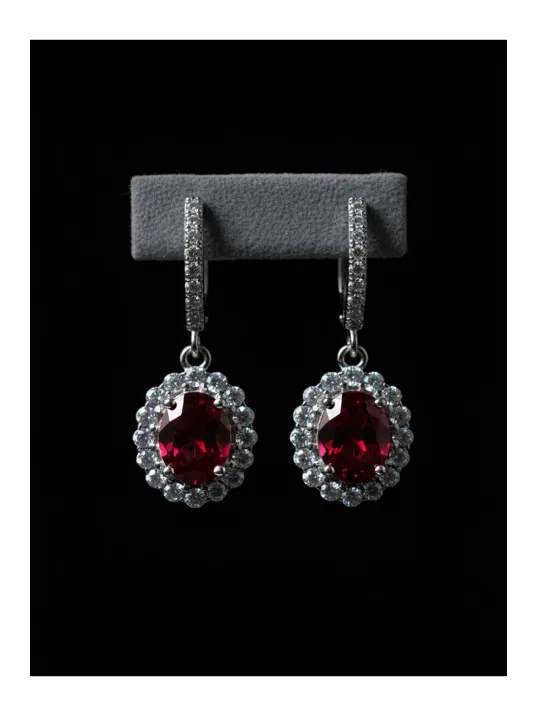 Kadın Gümüş Kolye Yüzük Küpe Set - Yuvarlak Doğal Kırmızı Safir Taşlı Gümüş Set