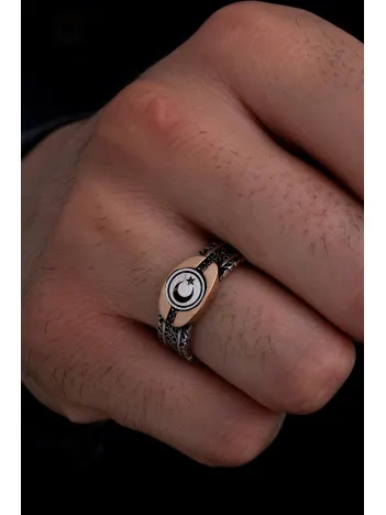 Erkek Gümüş Yüzük - Türk Bayrağı Ay Yıldız Sarmaşıklı İnce Kibar Erkek Yüzüğü