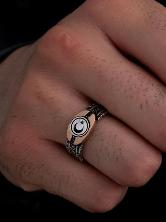 Erkek Gümüş Yüzük - Türk Bayrağı Ay Yıldız Sarmaşıklı İnce Kibar Erkek Yüzüğü