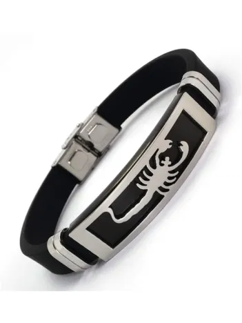 Siyah Beyaz Akrep Figürlü Kauçuk Çelik Erkek Bileklik