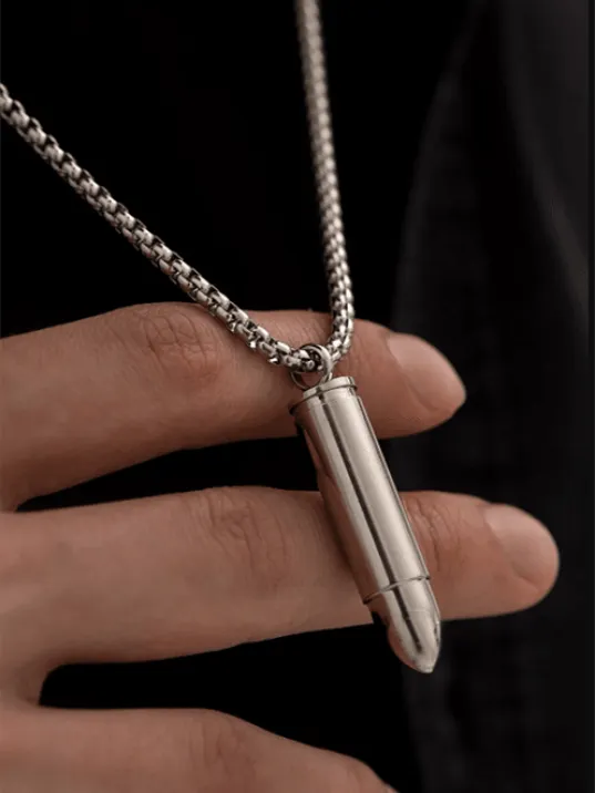 Erkek Kolye - Kapağı Açılan Mermi Kurşun Model Erkek Çelik Kolye - 316 L Paslanmaz Çelik Kolye