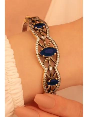 Kadın Gümüş Bileklik - Safir Ve Zirkon Taşlı Otantik Gümüş Kelepçe Bileklik