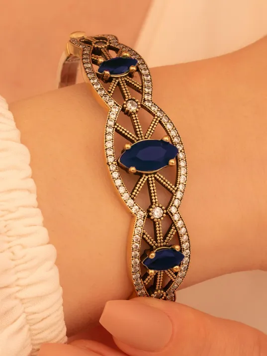 Kadın Gümüş Bileklik - Safir Ve Zirkon Taşlı Otantik Gümüş Kelepçe Bileklik