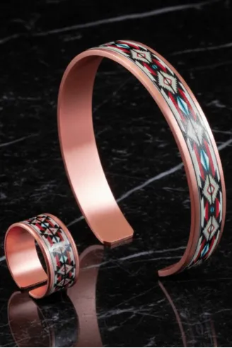 Kadın Bakır Bileklik Yüzük Set - İvan Model Özel Baskı Metal Kutu Ve Kuvars Taşı