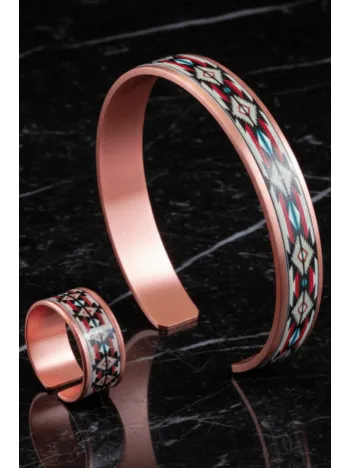 Kadın Bakır Bileklik Yüzük Set - İvan Model Özel Baskı Metal Kutu Ve Kuvars Taşı
