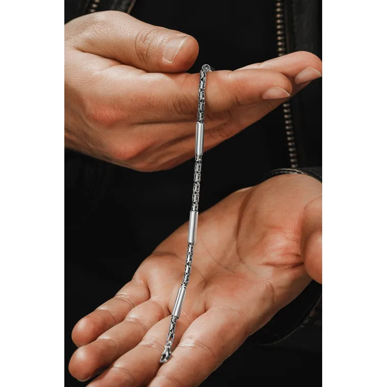 Erkek Kral Gümüş Bileklik Künye 2,8mm Özel Tasarım Silindir Parçalı