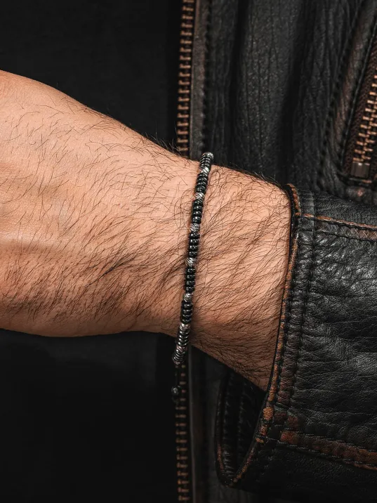 Siyah Hematit Taşlı Gümüş Detaylı Ayarlanabilir Erkek İp Bileklik - Model 7