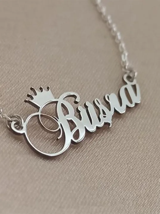Kral Taç Imza Gümüş Renk Büşra Yazılı Bayan Gümüş Kolye Zincir Gklgmsısımt