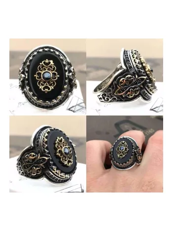 Erkek Gümüş Yüzük - Çiçek Motifli-2 Oniks Taşlı 925 Ayar Gümüş Erkek Yüzük