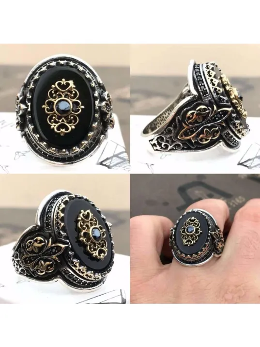 Erkek Gümüş Yüzük - Çiçek Motifli-2 Oniks Taşlı 925 Ayar Gümüş Erkek Yüzük