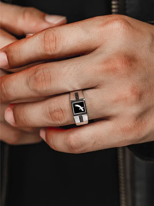 Erkek Gümüş Yüzük - Zülfikar Kılıcı İşlemeli Zirkon Taşlı Erkek Yüzük