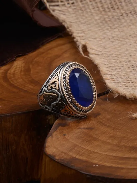 Mavi Zirkon Topaz Taşlı Yanı Göktürkçe Türk Yazılı Erkek Gümüş Yüzük