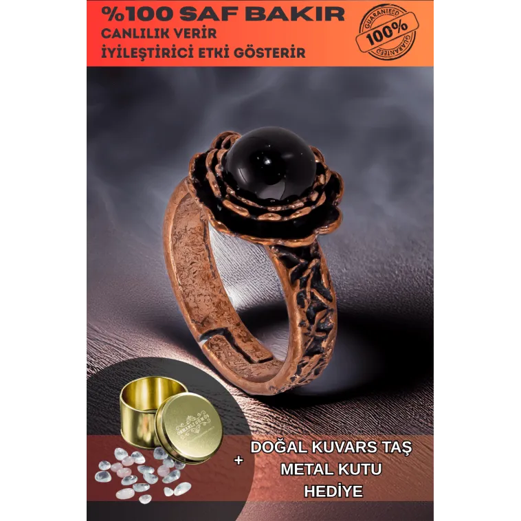 Kadın Bakır Yüzük - Oniks Taşlı Yuvarlak Ağaç Kabuğu Model İnce Metal Kutu Kuvars Taşlı Yüzük
