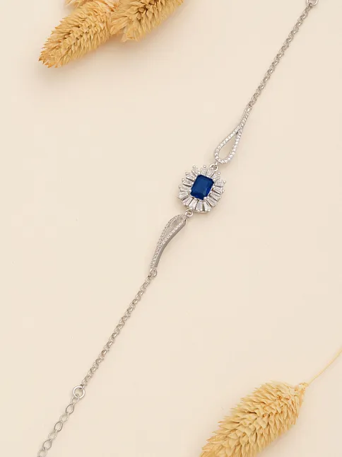 Kadın Gümüş Bileklik - Safir Taşlı Kare Model Zirkon Süslemeli Kadın Bileklik